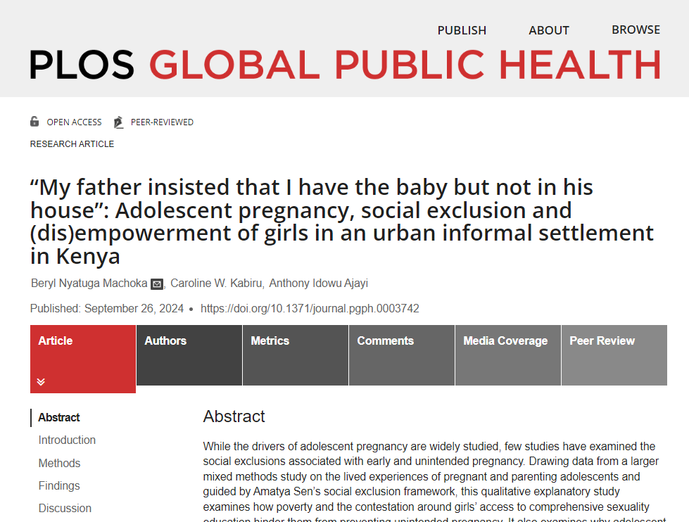 This qualitative explanatory study examines how poverty and the contestation around girls’ access to comprehensive sexuality education hinder them from preventing unintended pregnancy. plos.io/3NmnnlH