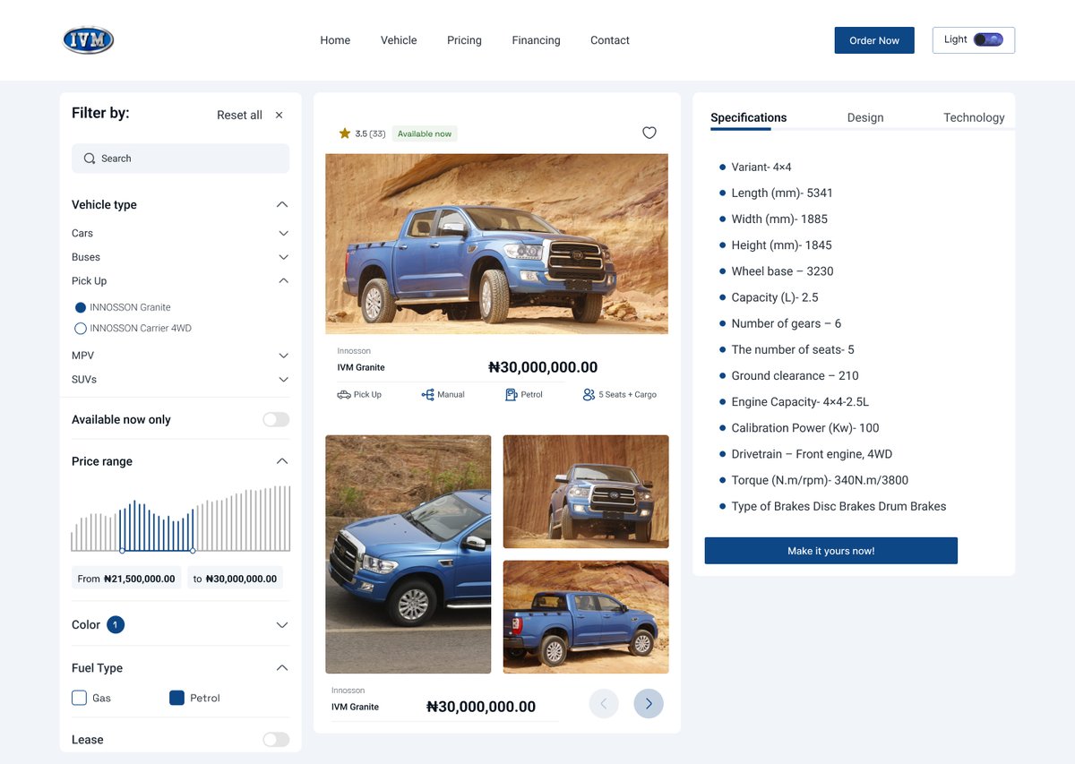 who's ready for a smooth drive? 🚗

Designed a rates page for <a href="/InnosonVehicles/">Innoson Vehicles</a> where you can filter, compare, and buy the perfect ride effortlessly.

<a href="/3MTTNigeria/">3MTT Nigeria</a> 
#𝟥𝗆𝗍𝗍𝖮𝗀𝗎𝗇𝟤𝟢𝖣𝖺𝗒𝗌𝖮𝖿𝖢𝗁𝖺𝗅𝗅𝖾𝗇𝗀𝖾