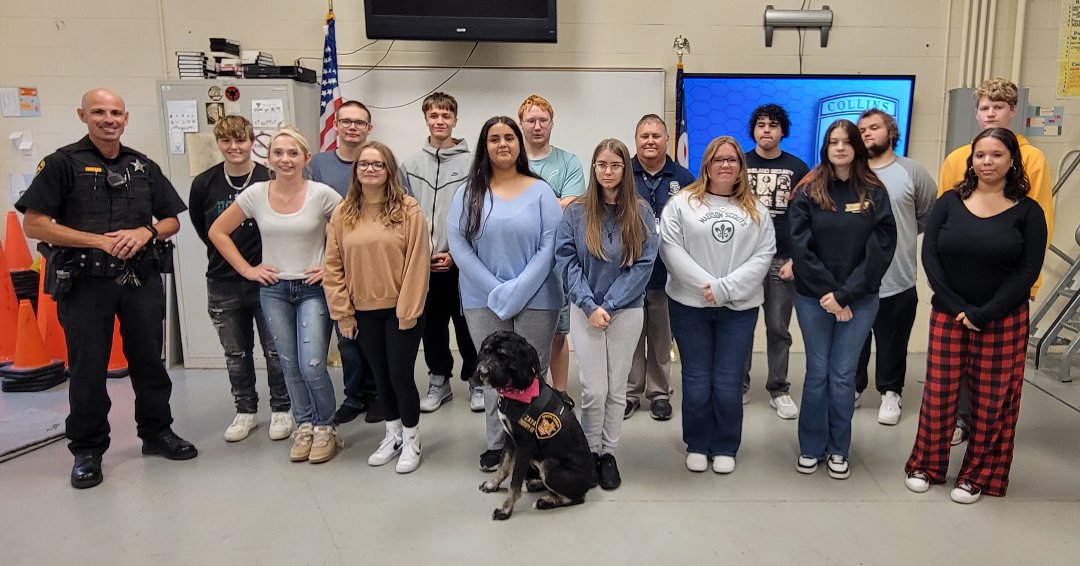 CollinsCTC's tweet photo. Deputy Shaffer and Therapy K-9 Zaya visited Collins Career Tech Center, sharing insights into Zaya's training and her calming effect during crises. Thank you for enriching our students' education! #TherapyDog #CommunitySupport #CCTCworks #CCTCtech #CCTCservices #K9 https://t.co/eBtCL816qF