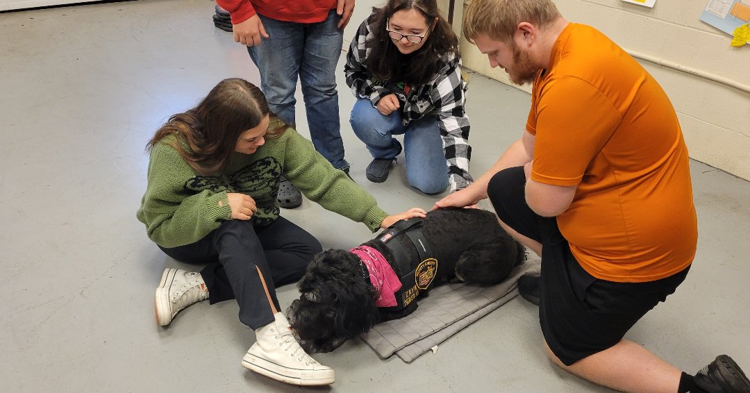 CollinsCTC's tweet photo. Deputy Shaffer and Therapy K-9 Zaya visited Collins Career Tech Center, sharing insights into Zaya's training and her calming effect during crises. Thank you for enriching our students' education! #TherapyDog #CommunitySupport #CCTCworks #CCTCtech #CCTCservices #K9 https://t.co/eBtCL816qF