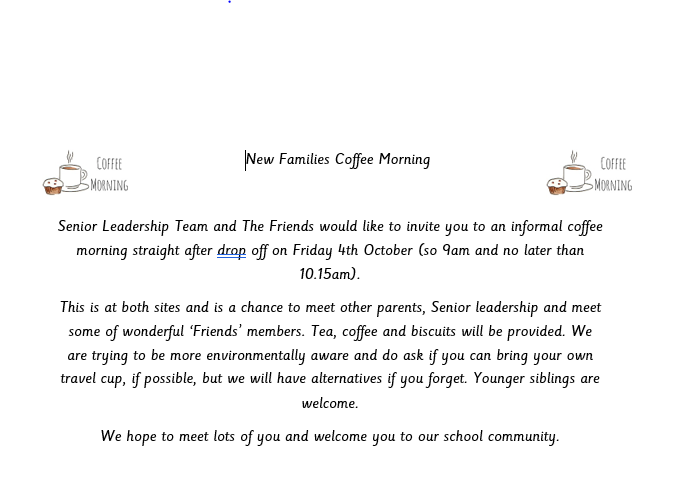HarbornePrimary's tweet photo. Calling all HPS new parents and families. It would be lovely to see as many of you at our coffee morning ☕️ see the details below. #meetandgreet #coffeemorning #happyparents https://t.co/t8uuTMiCCY