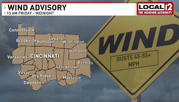 Heavy downpours and windy conditions Friday. 

All of the Tri-State under a WIND ADVISORY. Strongest winds expected in the afternoon and evening! <a href="/Local12/">Local 12/WKRC-TV</a>