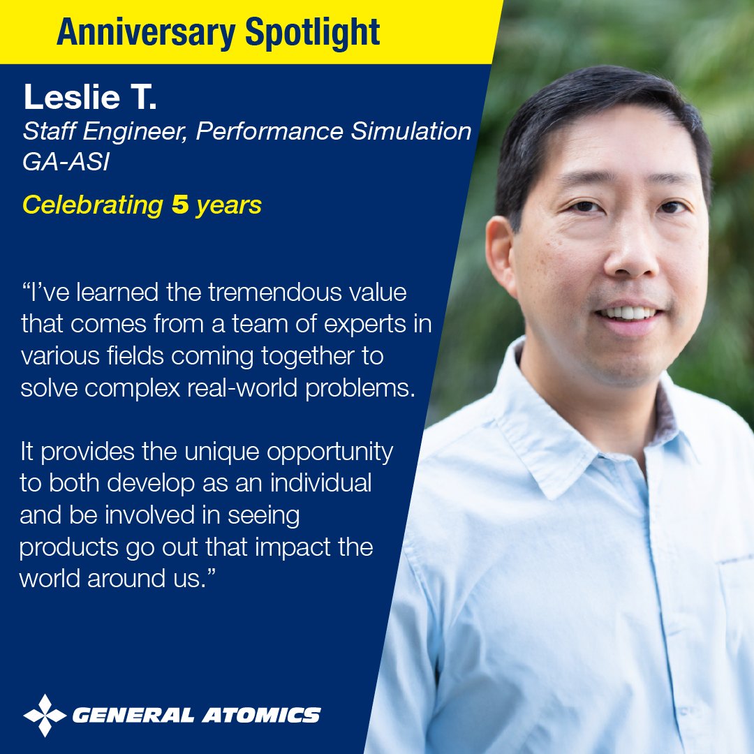 After 5 years with <a href="/GenAtomics_ASI/">General Atomics Aeronautical Systems, Inc (GA-ASI)</a>, Leslie knows how crucial team collaboration is to enabling innovation in his role as Staff Engineer in Performance Simulation.  

#GrowWithGA #GeneralAtomics #FreedomtoExplore