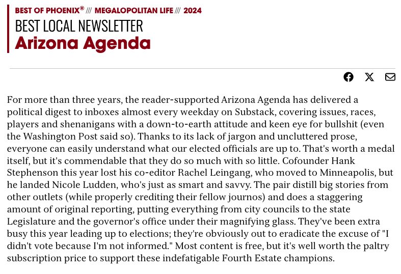 Thanks <a href="/PhxNTStreet/">Phoenix New Times</a> for once again naming us Arizona's best newsletter! 🥳 It is indeed a paltry price! So please subscribe y'all 🤓