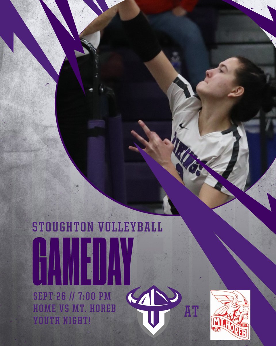 StoughtonVB's tweet image. BIG home match tonight as we HOST Mt Horeb in a battle for first place! JV & JV2 at 5:30, varsity to follow.
It’s youth night too! Poster signing after the match!
(Disregard the “at” in the image. That’s my bad 🤣)