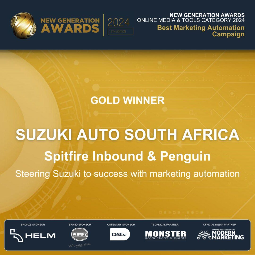 SpitfireInbound's tweet image. We’ve gone GOLD! Thrilled to announce that we’ve won Gold for Best Marketing Automation Campaign at the #NewGenAwards with our amazing partners  @PenquinAds @Suzuki_ZA! 

#SpitfireInbound #PenquinAds #SuzukiZA #MarketingAutomation #GoldAward #NewGenAwards