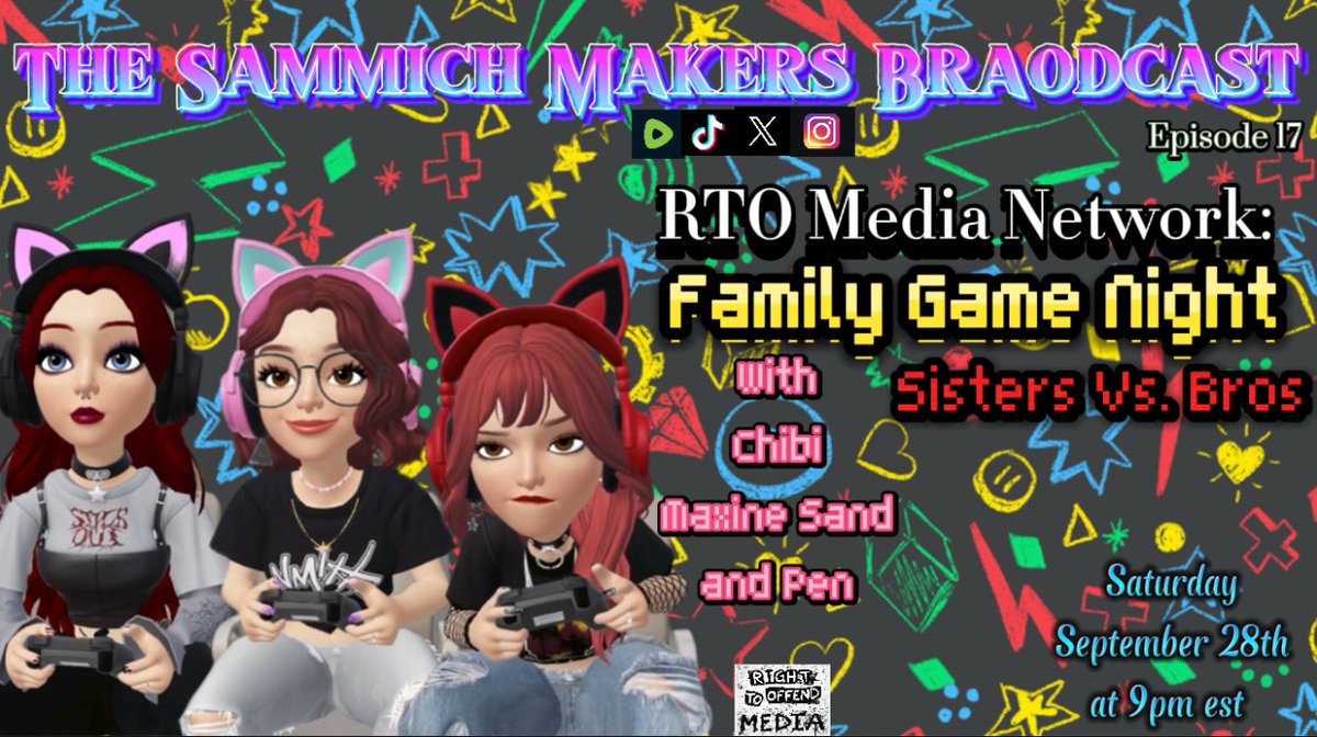 Join us this Saturday, at our new time 9pm est, for a special episode of The Sammich Makers Broadcast! We will be playing some Jack Box games with our brother podcasts from the RTO Media Network! #podcast #thesammichmakersbroadcast #sammichmakers <a href="/BlameMaxSand/">Max Sand</a>