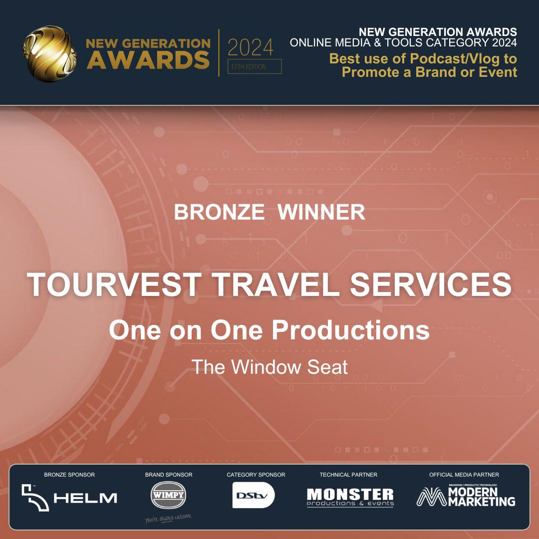 OneonOneSA's tweet photo. Congratulations @TourvestTravel on this win for #TheWindowSeat and winning Gold for #FirstTimeTraveller. Thank you for an amazing partnership. Onwards and upwards…always ✈️🌎 #newgenawards https://t.co/yb62NPqPWL