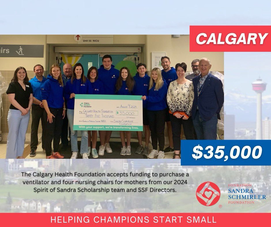 SandraSchmirler's tweet image. We’re proud to grant $35,000 to the @yyc_health for a ventilator and four nursing chairs for mothers, bringing our total support for Alberta to over $1.3 million! With curling back in Calgary, our 2024 Spirit of Sandra Scholars were on hand for this important gift.