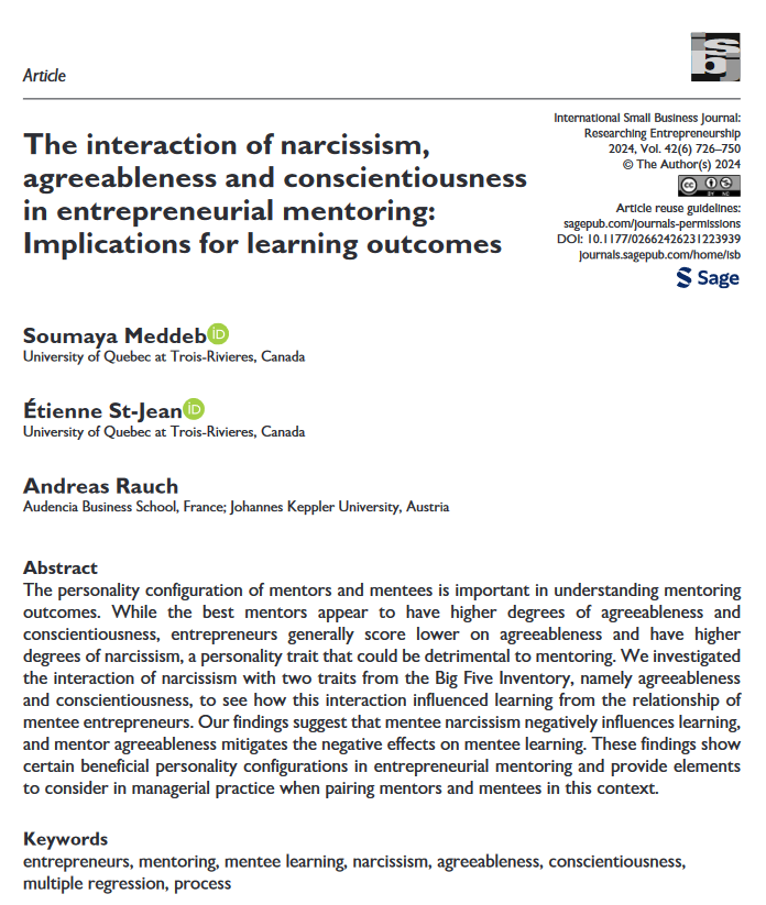 I_S_B_J's tweet photo. 🔍 How do personality traits impact the effectiveness of entrepreneurial mentoring?

🚀 Excited to share new research by Soumaya Meddeb, Étienne St-Jean, and Andreas Rauch

🔗 Read more: https://t.co/b1eams4qyP

#Entrepreneurship #Mentoring #PersonalityTraits #Learning #ISBJ https://t.co/If7xvgtbBF