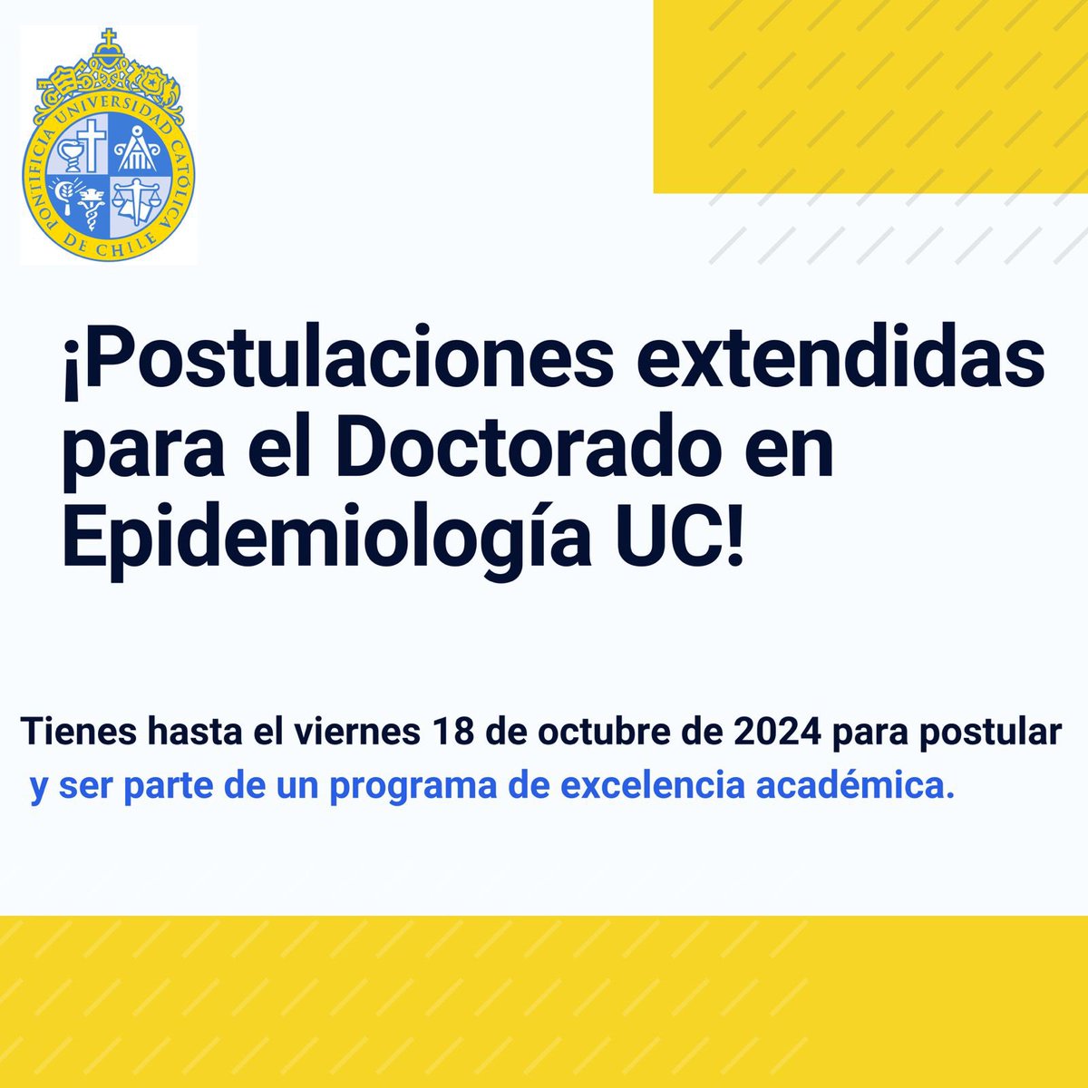 DoctoradoEpiUC's tweet photo. Nos complace anunciar que el Doctorado en Epidemiología UC ha extendido su período de postulaciones hasta el viernes 18 de octubre de 2024.
 Los estudios en el programa pueden financiarse con beca ANID o beca
#DoctoradoEpidemiologíaUC @FacMedicinaUC 
🔗https://t.co/mOEP6dbAG7 https://t.co/1NqXo5Ucfs