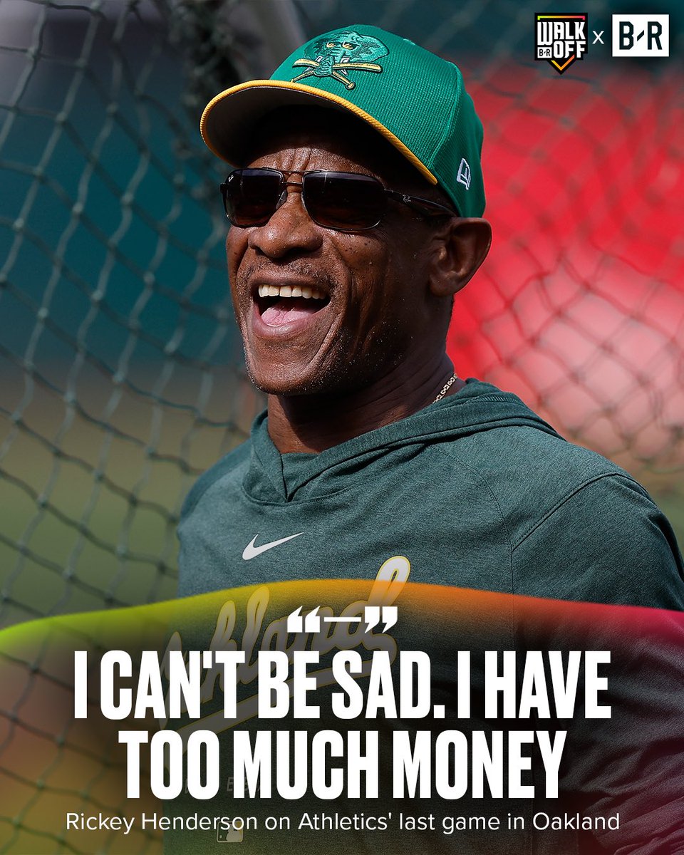 BleacherReport's tweet photo. Rickey Henderson’s response to the A’s last game in Oakland was gold 🤣 https://t.co/P7GQK9CvFV