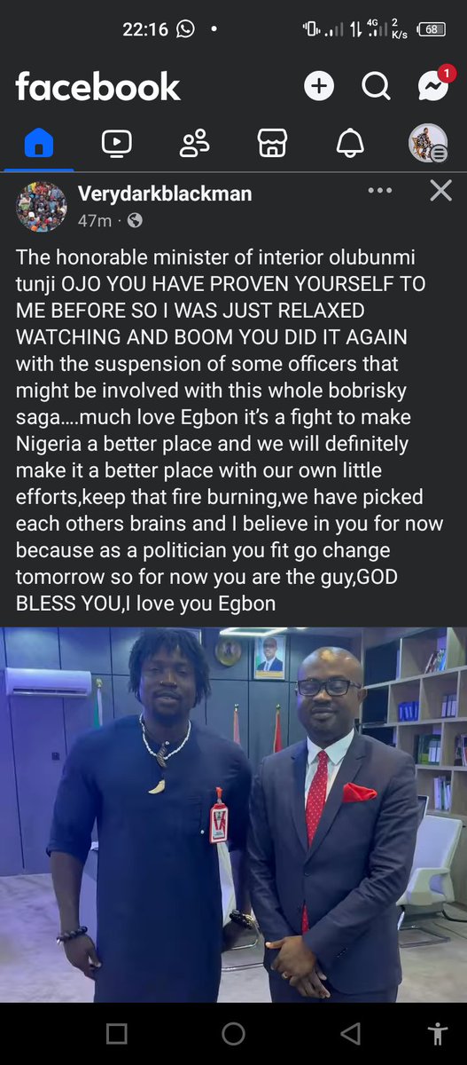 OgbeniObSugar's tweet photo. 3). ..so for now you are the guy,GOD BLESS YOU,I love you Egbon
Credit: Verydarkblackman (48 mins ago).
Me: If you still not believe in the Interior Minister, Hon. Olubunmi Tunji-Ojo as you love VDM, then you are doing bad to your conscience.
E GET WHY
#Egetwhy #obsugar https://t.co/vUEl4SabzI