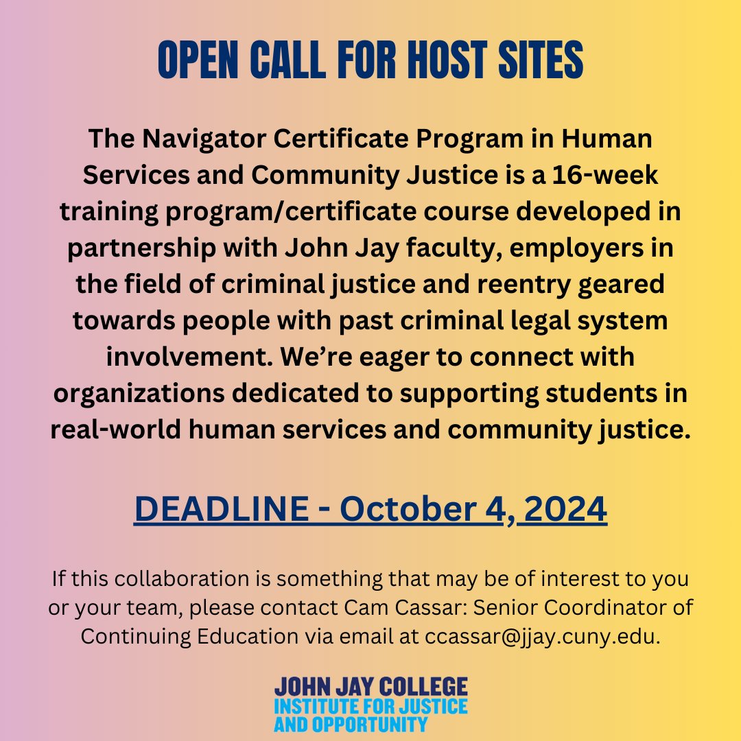 The Institute is excited to invite you to become part of our Host Site Network!

Interested in collaborating? Reach out to Cam Cassar at ccassar@jjay.cuny.edu for more info. Let’s work together to create meaningful change!#CommunityJustice #ServiceLearning