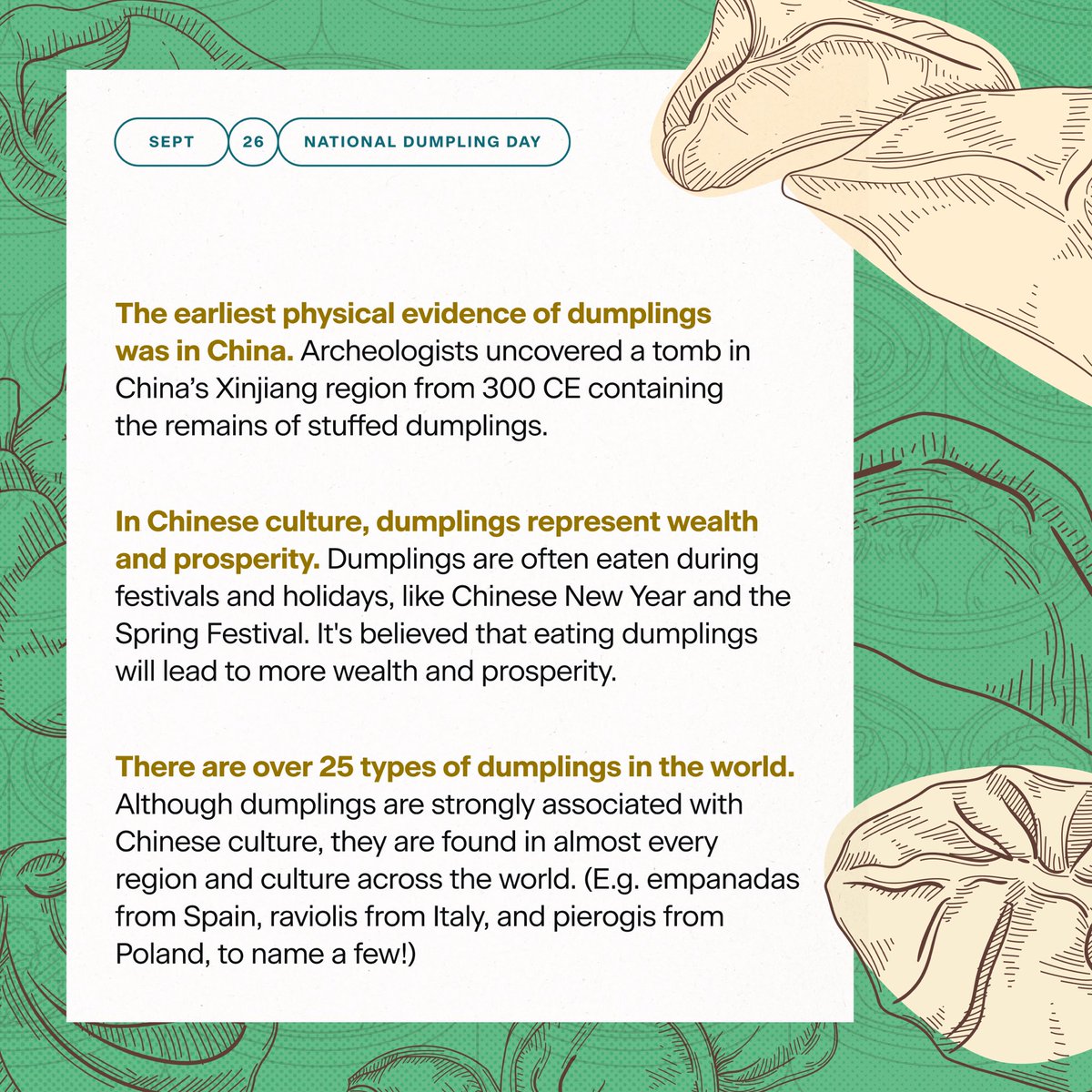 taaforg's tweet photo. Happy National Dumpling Day! Swipe to learn some fun facts about one of the most versatile foods in the world. 🥟 https://t.co/M18Bl3IZgQ