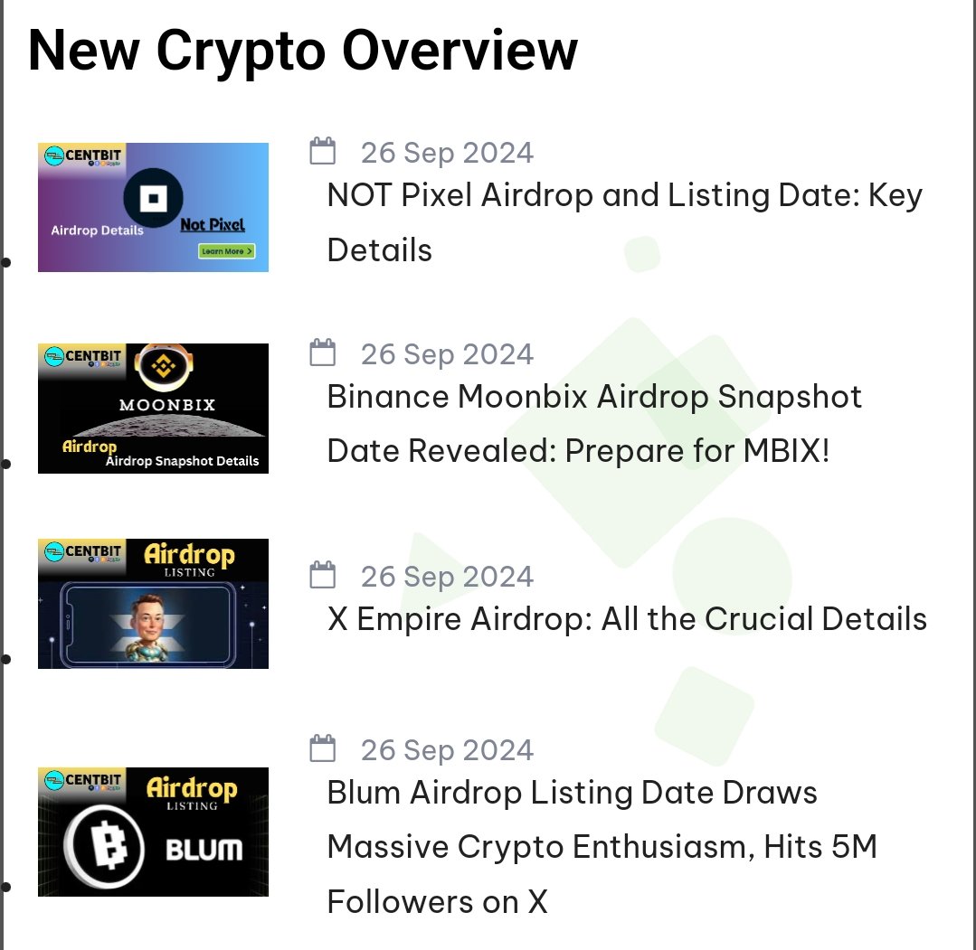 CentBit_Online's tweet image. 🚀 Top 4 Trending Telegram Airdrops! 
Looking for some exciting new airdrops to boost your portfolio? 

- Blum  
- Not Pixel  
- MoonBix  
- X Empire  

More details: centbit.online/discover

💸 Don’t miss out! Join the airdrops now and claim your rewards. 
#AirdropAlert #CentBit