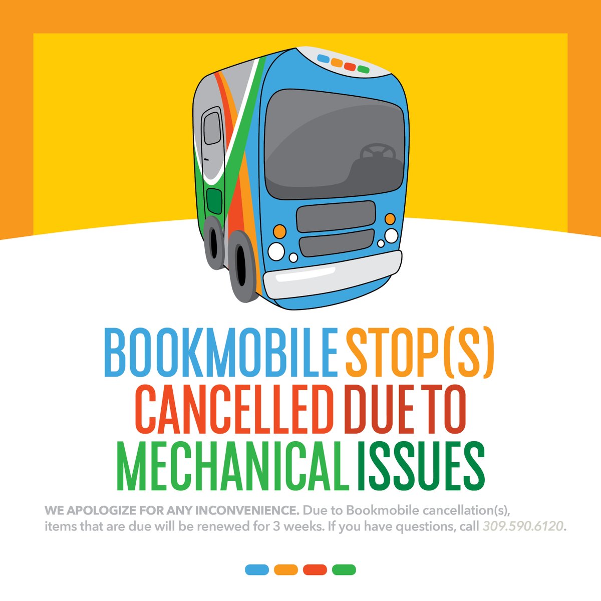 Tonight's Bookmobile Stop to Wingover is canceled. The "check engine" light came on, so she's being assessed.
Call 309.590.6120 if you have questions.
(9.26.24)