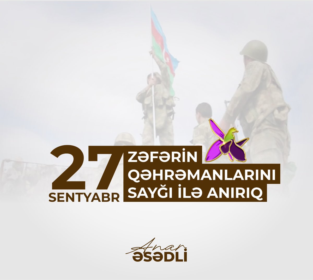 anarasadli's tweet photo. 27 Sentyabr - Bir millət olaraq özünəgüvən və qürur hissinin dirçəlməsi günü! 

Bütün şəhidlərimizin ruhu qarşısında ehtiramla baş əyir, yaralılarımıza Allahdan şəfa diləyir, müharibə iştirakçılarına təşəkkür edir, Qəhrəman Ordumuza hər zaman Zəfər arzulayıram. https://t.co/KS9w32srK3