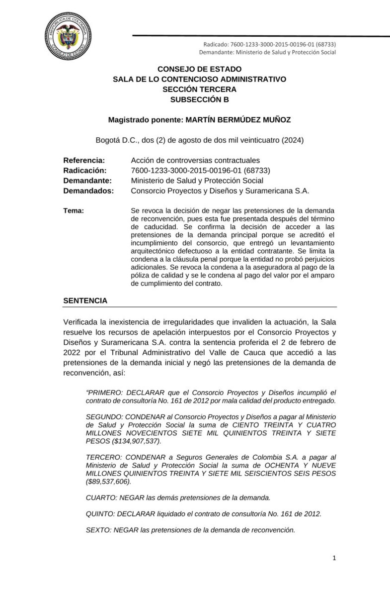 roa_salguero's tweet photo. 👁️ La suscripción del acta de recibo final de las actividades contractuales no constituye un elemento probatorio absoluto acerca del cumplimiento del contratista. https://t.co/VpWZ8z9B4M