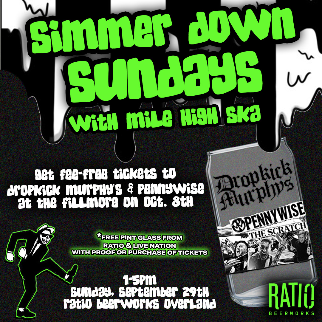 LiveNationCO's tweet photo. Another one 🍻 THIS Sun, Sept 29 from 1-5p at @ratiobeerworks Overland for a Dropkick Murphys Simmer Down Sunday with @milehighska.

We will be on-site selling fee-free tix to the show at @FillmoreDEN on Oct 8. Purchase a tix on-site, and you get a free pint glass &amp; 1 FREE BEER. https://t.co/qIp0eJFboc