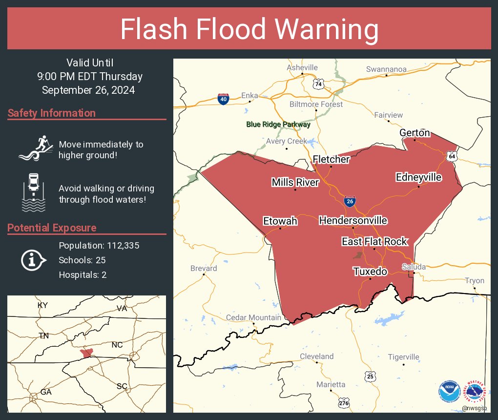 Flash Flood Warning continues for Hendersonville NC, Fletcher NC and  Etowah NC until 9:00 PM EDT