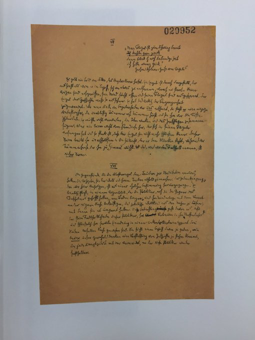 Samantharhill's tweet image. A handwritten copy of Walter Benjamin's Theses on the Philosophy of History, given to Hannah Arendt in Marseilles for safekeeping before he attempted to escape over the Pyrenees 

Here is the Angelus Novus fragment
