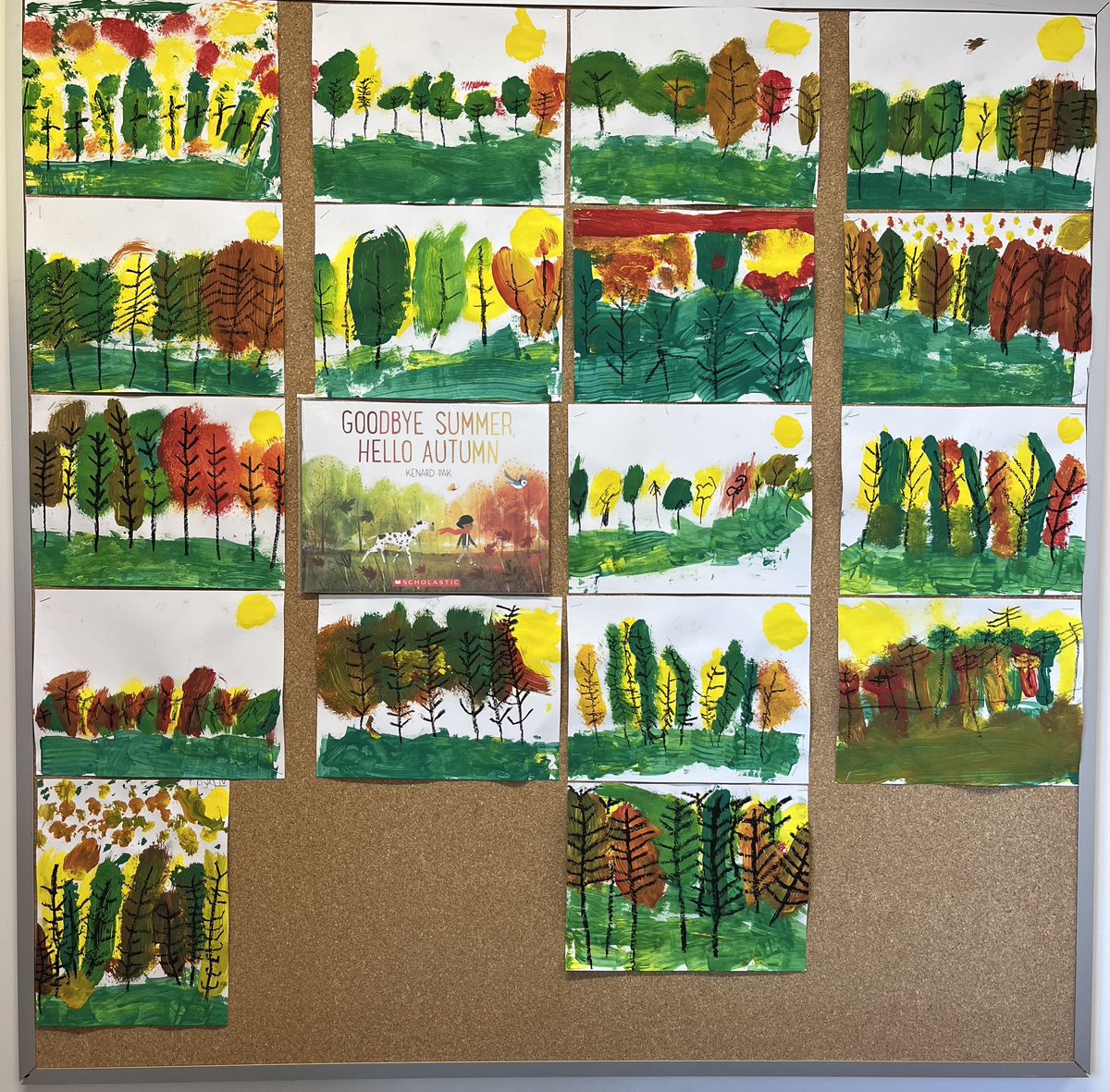 🍁Welcome Fall!🍂  I love the words and beautiful illustrations in Goodbye Summer, Hello Autumn <a href="/kenardpak/">Kenard Pak</a> and the class made these masterpieces ! Thank you <a href="/paintedpaperart/">laura lohmann</a> .