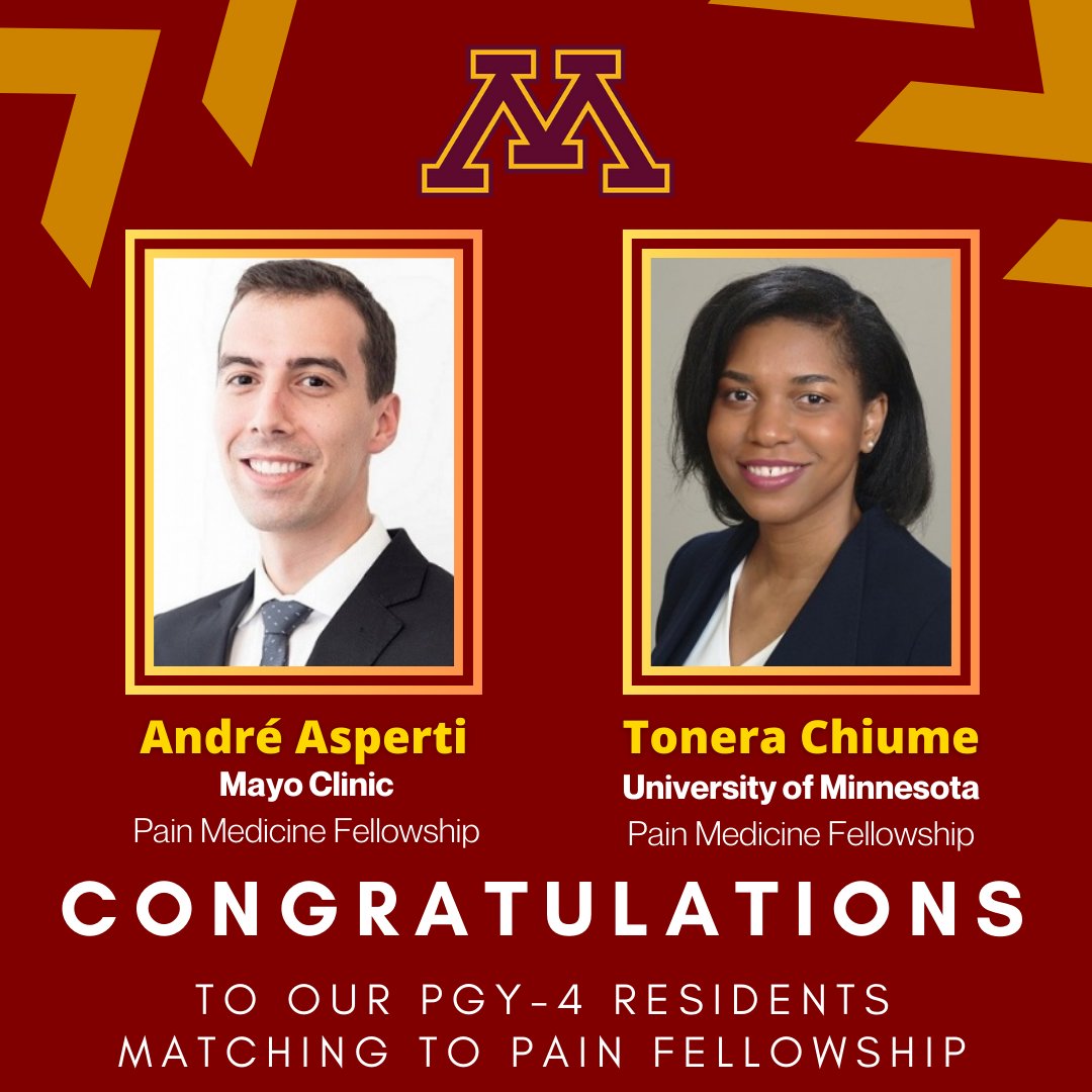 🌟 CONGRATULATIONS 🌟 to our PGY4s Dr. Andre Asperti &amp; Dr. Tonera Chiume who matched to Interventional Pain Fellowships at Mayo Clinic &amp; University of Minnesota! 🎉 

We are beyond words proud of Tonera &amp; Andre, who have worked so hard to achieve this amazing accomplishment. 🥰