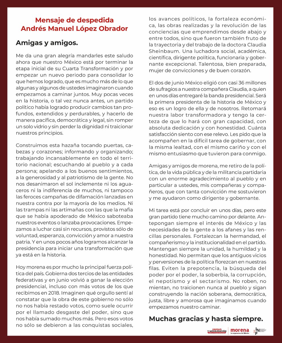 Mensaje de despedida del Presidente <a href="/lopezobrador_/">Andrés Manuel</a> dirigido a todas y todos los militantes de nuestro Movimiento. 

¡Gracias por siempre, Presidente! ❤️🇲🇽