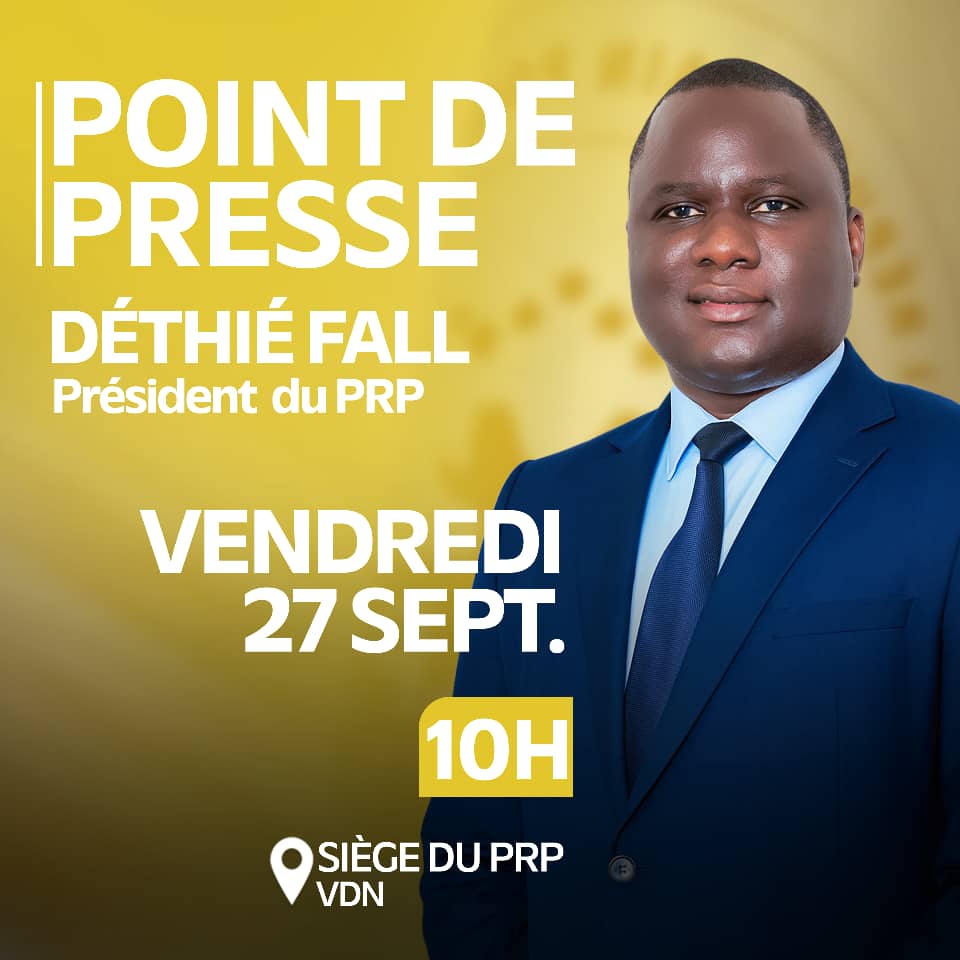 Dethiefallsn's tweet image. Salam chers compatriotes, je tiendrai un point de presse ce vendredi à 10h au siège du PRP.
Toute la presse nationale et internationale y est conviée.
Cordialement 

Dethie Fall 
Président du PRP
#dethiefall