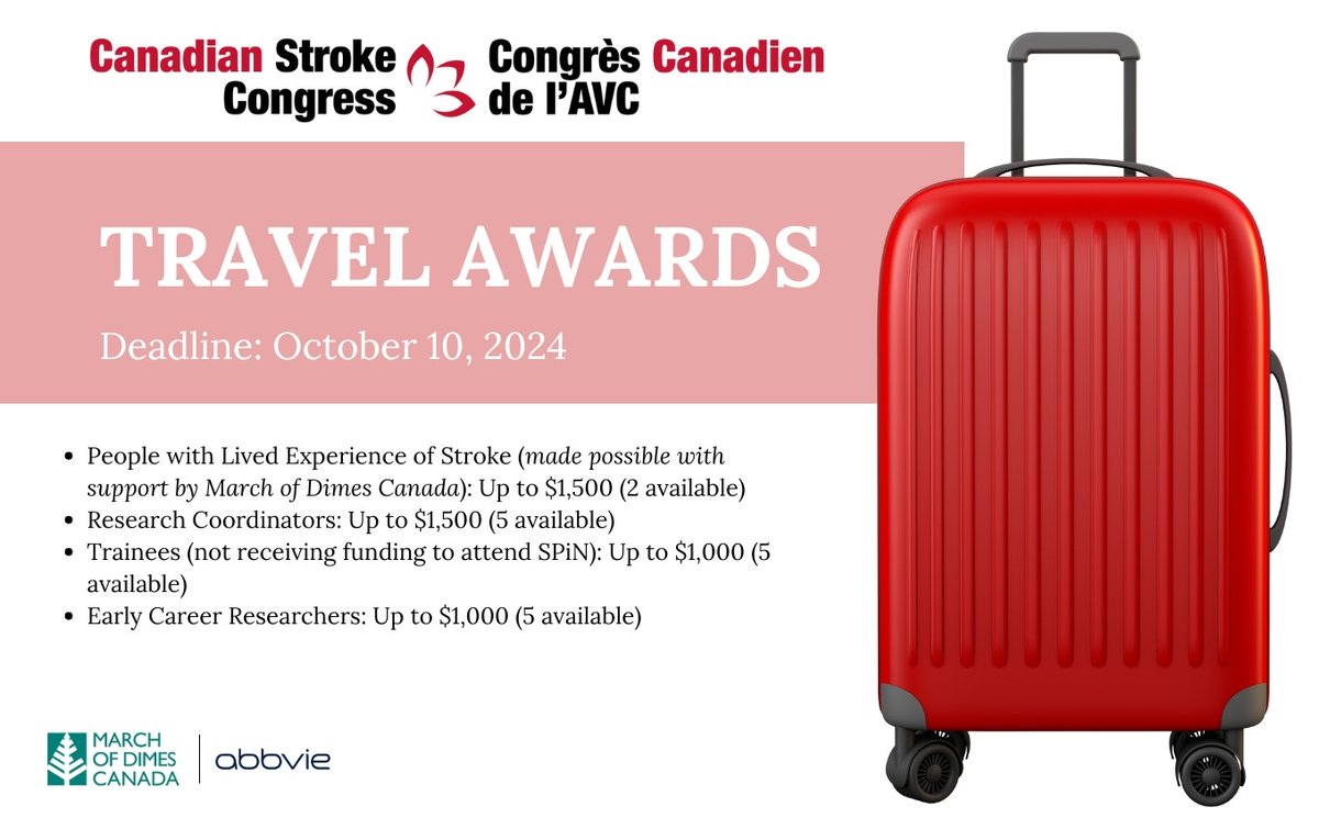 Apply now for Travel Awards to attend the Canadian Stroke Congress. Applications due October 10

forms.office.com/r/fS0zskA7pc