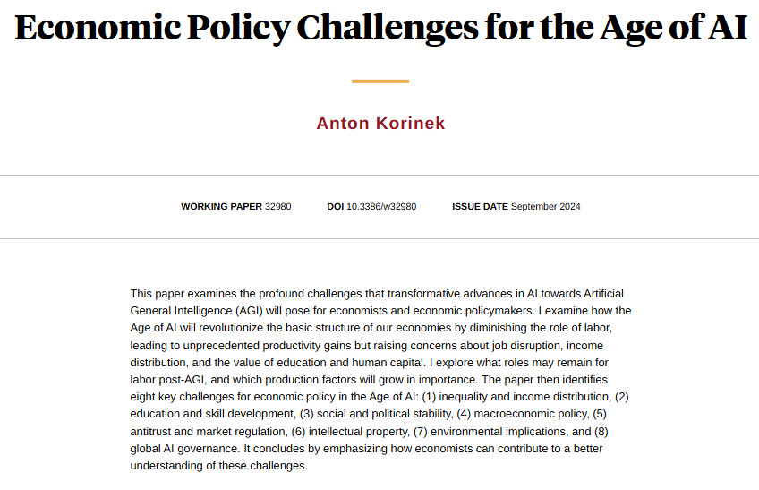 From undermining labor markets and education to exacerbating inequality, a new study examines the economic challenges that Artificial General Intelligence may pose in coming years, from <a href="/akorinek/">Anton Korinek</a> nber.org/papers/w32980