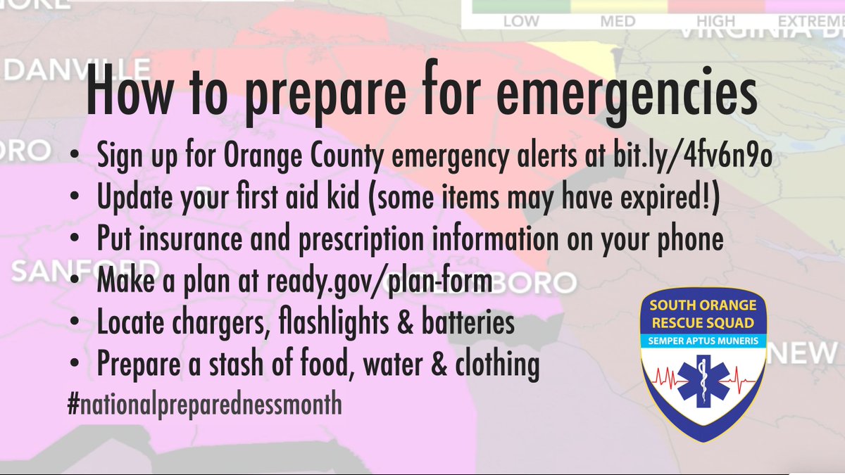 SouthOrangeResq's tweet image. We're expecting a lot of weather tomorrow. Our EMS and Technical Rescue Team volunteers remind you to be careful out there! Make a plan for before, during and after hurricane-related weather at ready.gov/plan-form. 1/4
#ems #technicalrescue #nationalpreparednessmonth