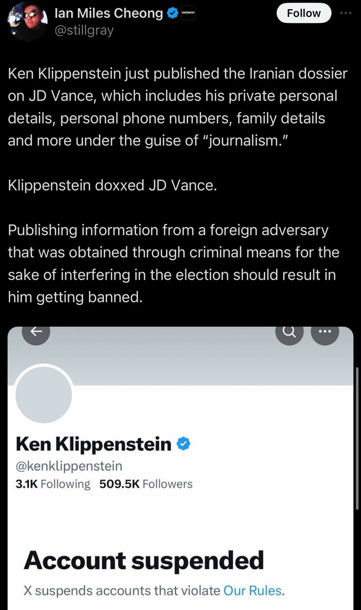 esjesjesj's tweet photo. Want to be clear what a lie this is:
1. Ken Klippenstein posted the dossier to his own website. He posted no information to Twitter.
2. Calling JD Vance’s address “detailed information on the addresses of their children” is extremely dishonest framing. https://t.co/C8xOyXm6YG