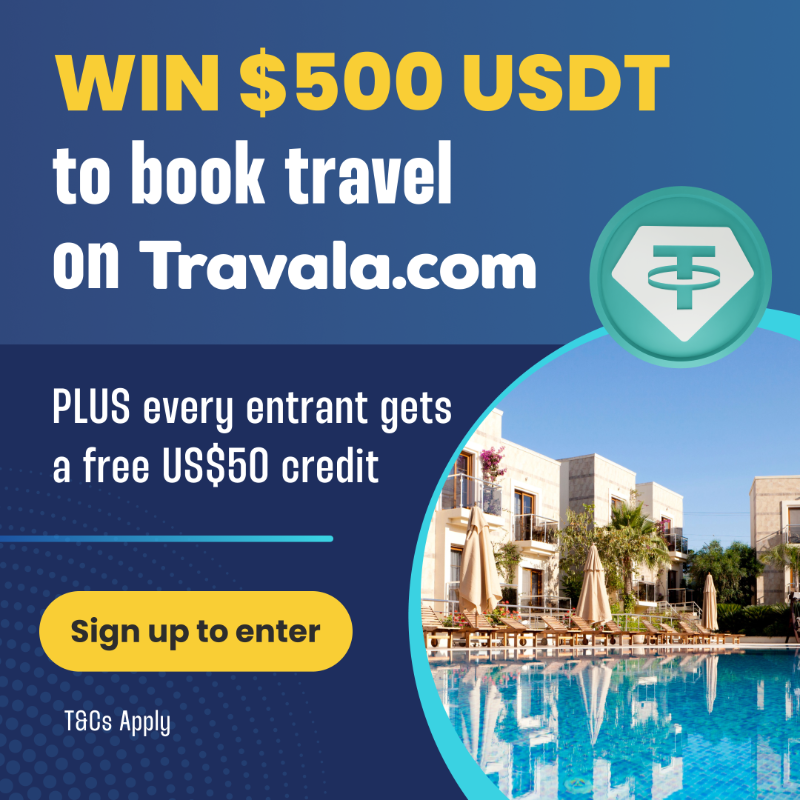 travalacom's tweet photo. 🚨 WIN $500 USDT! 🚨 Enter by creating a free Travala account https://t.co/B4Cu7QT94U to book travel with crypto. PLUS every entry gets a BONUS US$50 credit to use on their first booking!