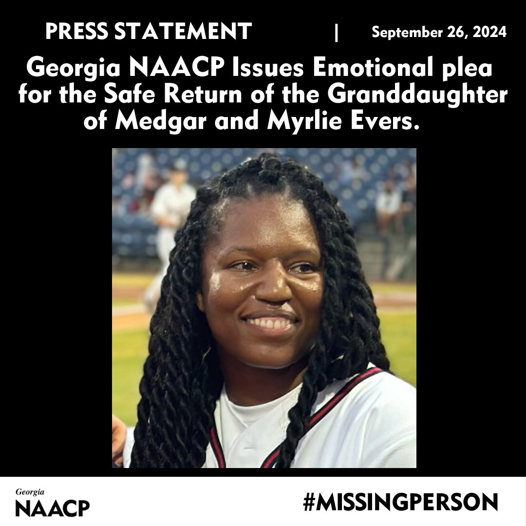 The Georgia State Conference of the NAACP is joining the family of civil rights icons Medgar and Myrlie Evers in issuing an urgent plea for the safe return of Nicole Evers-Everette,

For additional information, please contact the Gwinnett County Police

georgianaacp.org/post/georgia-n…