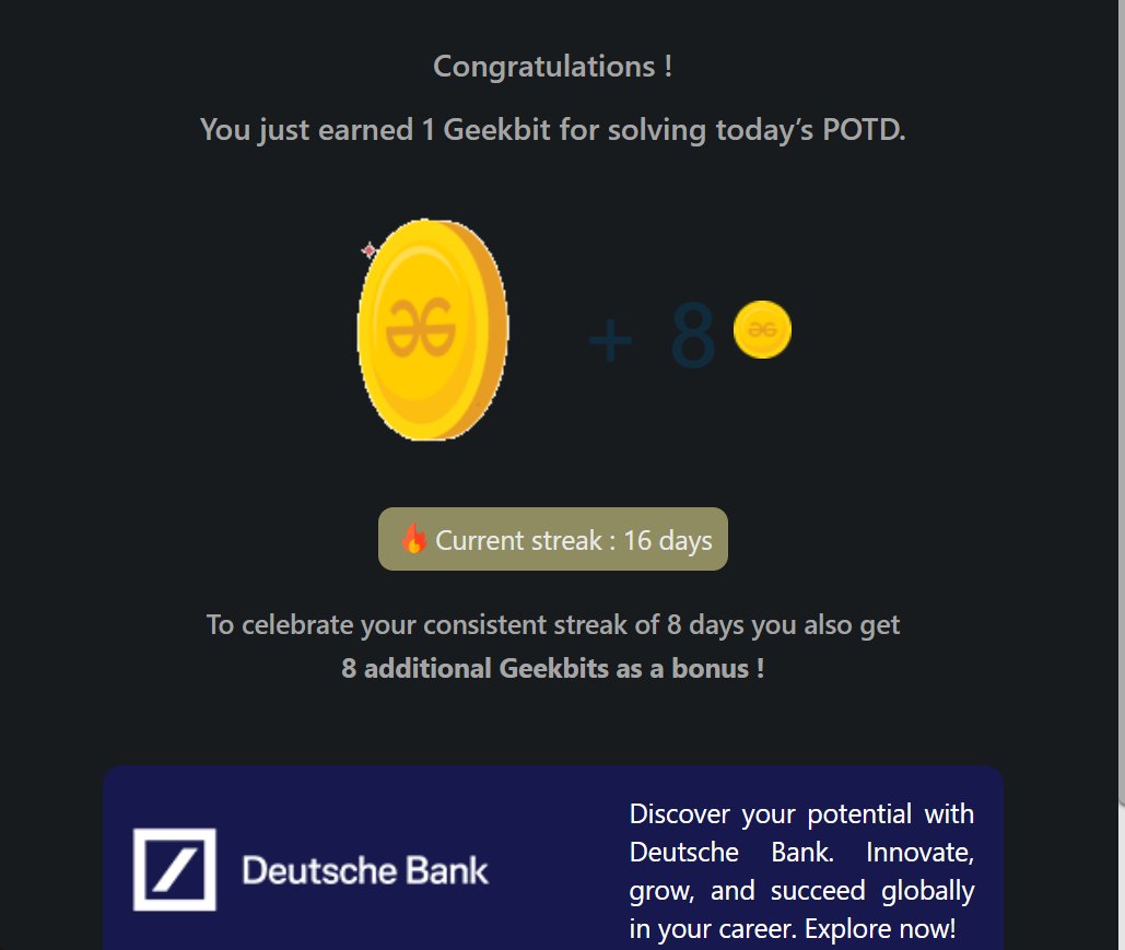 Pprratikk's tweet image. Day 16 of 21 days coding challenge
@geeksforgeeks
@DeutscheBank
#21DaysOfCoding #CodingChallengeg #LearnToCode #GeekForGeeks #ING #DeutscheBank #geekstreak2024