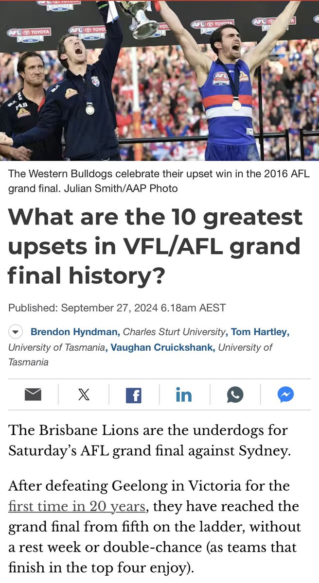 As we approach another AFL grand final on that last Saturday of September, we put together a  formula to package up the 10 greatest VFL/AFL upsets of all time

theconversation.com/what-are-the-1…

 #AFL #grandfinal #phased #sport <a href="/CharlesSturtUni/">Charles Sturt University</a> <a href="/AFLNation/">AFL Nation</a> <a href="/AFLPlayers/">aflplayers</a>