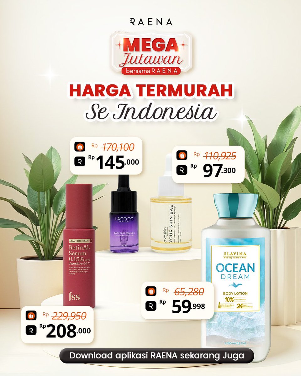 OfficialRaena's tweet photo. ‼️ PROMO BRUTAL DI APLIKASI RAENA ‼️

Ini nih yang dari kemarin mengguncang X RAENA, di Mega Jutawan kamu akan dapetin harga produk skincare, bodycare bahkan parfume dengan harga miring ✨ 

Langsung download aplikasi RAENA sekarang di appstore / playstore kamu, Beautypreneurs! https://t.co/y3f7FyjYLb