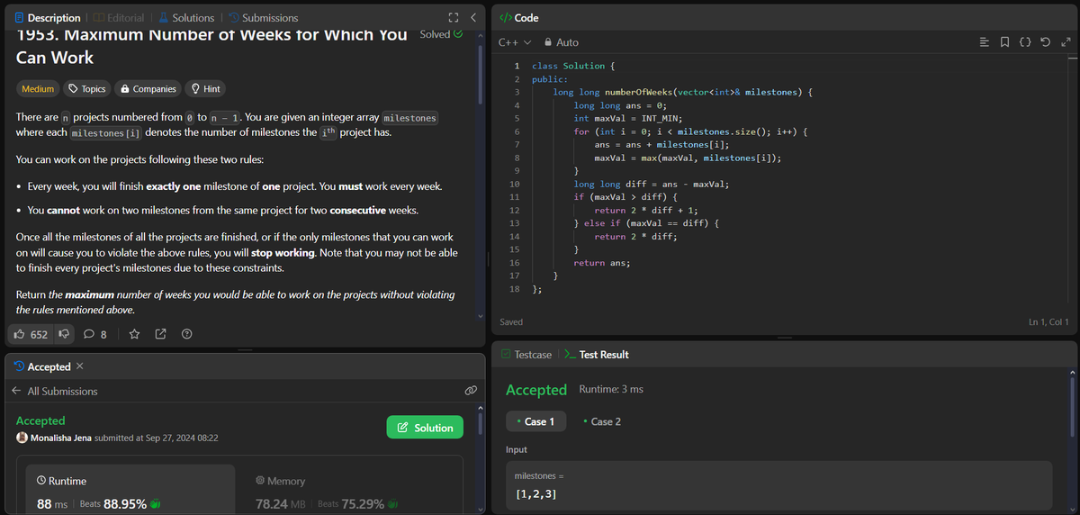 Monalisha1307's tweet image. #100DaysOfCode
#100DaysofLeetCode
🗓️Day Count: 92/100
💻Problem: 1953. Maximum Number of Weeks for Which You Can Work