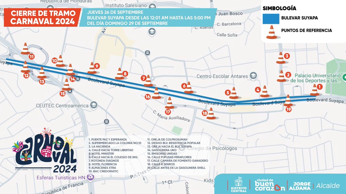 ImpactoHonduras's tweet photo. #DeImpacto: Información importante para los capitalinos, el Bulevar Morazán, continuará cerrado los días 27, 28 y 29 de septiembre por el Gran Carnaval 2024, en honor al aniversario de Tegucigalpa. https://t.co/bsxRTa9rNs