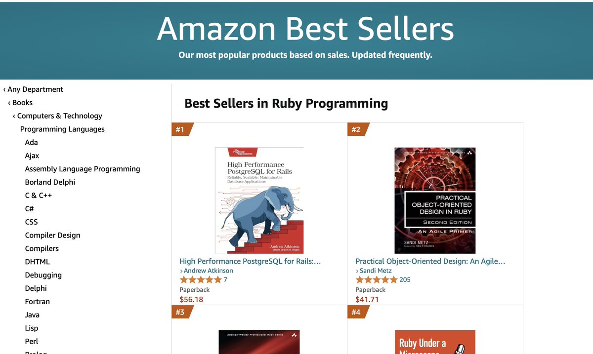 Amazon Best Sellers in Ruby programming category showing High Performance PostgreSQL for Rails