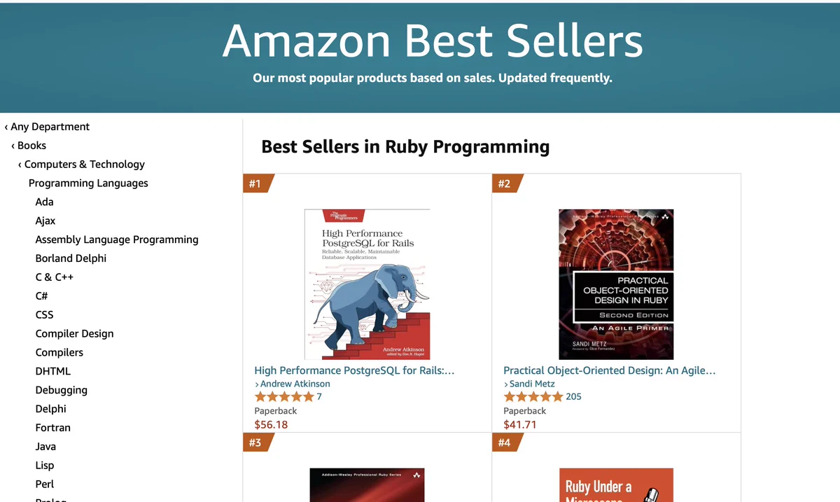 Amazon Best Sellers in Ruby programming category showing High Performance PostgreSQL for Rails