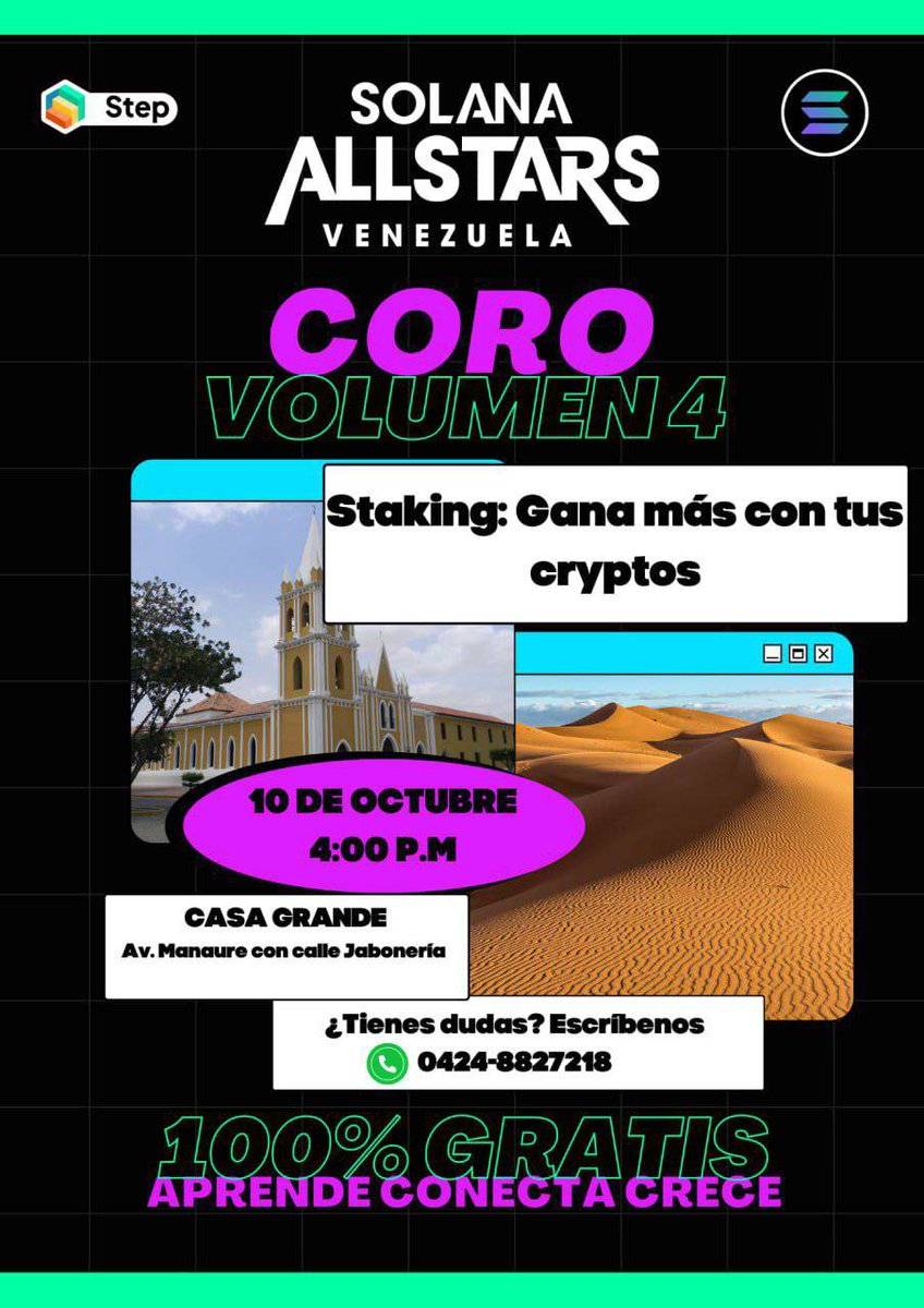 EdvicR's tweet photo. Evento totalmente gratuito para adentrarse y conocer este maravilloso mundo de la blockchain y las cryptos... Te espermos. #Coro #Falcón #Venezuela #Crypto #Solana #SolanaAllStars #Educación #Gratis #blockchain #Criptomonedas #SantaAnaDeCoro #MunicipioMiranda https://t.co/5JOUrmXbsJ