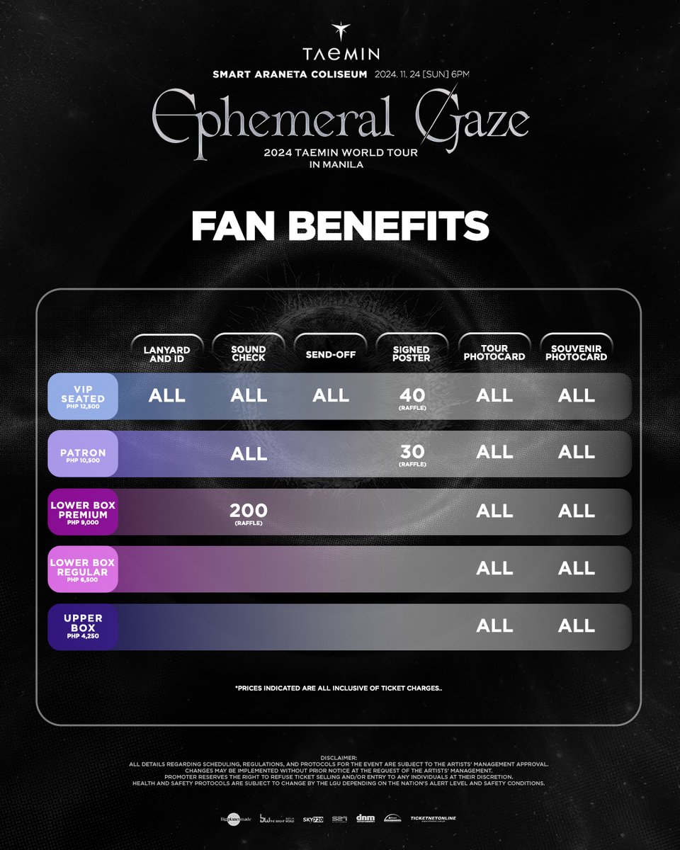 dnmentph's tweet photo. You got, got the rhythm TAEMate, are you ready for '2024 TAEMIN WORLD TOUR [EPHEMERAL GAZE] IN MANILA'?

You can now check out the seat map, ticket prices, and perks!

MEMBERSHIP PRE-SALE
⏰ 10.18.24 | 12 NN - 11 PM

GENERAL TICKET SELLING
⏰ 10.19.24 | 12 NN

D-DAY:
📆 11.24.2024
🕖 6:00 PM
📍 Smart Araneta Coliseum
🎫 TicketNet

#TAEMIN #WORLD_TOUR #Ephemeral_Gaze #태민 #Ephemeral_Gaze_MNL