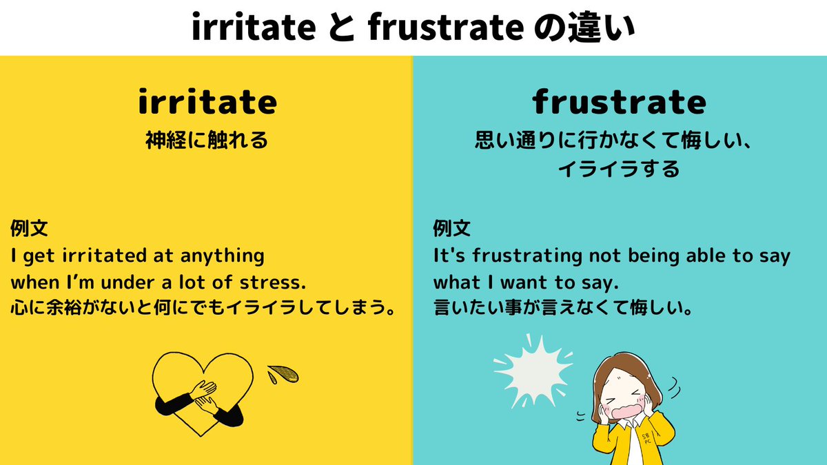 SBpersonalcoach's tweet photo. 「イライラした状態」を表す irritate と frustrate の違いは何？
#英語学習者と繋がりたい
#英語学習 https://t.co/AQDcChuzSd