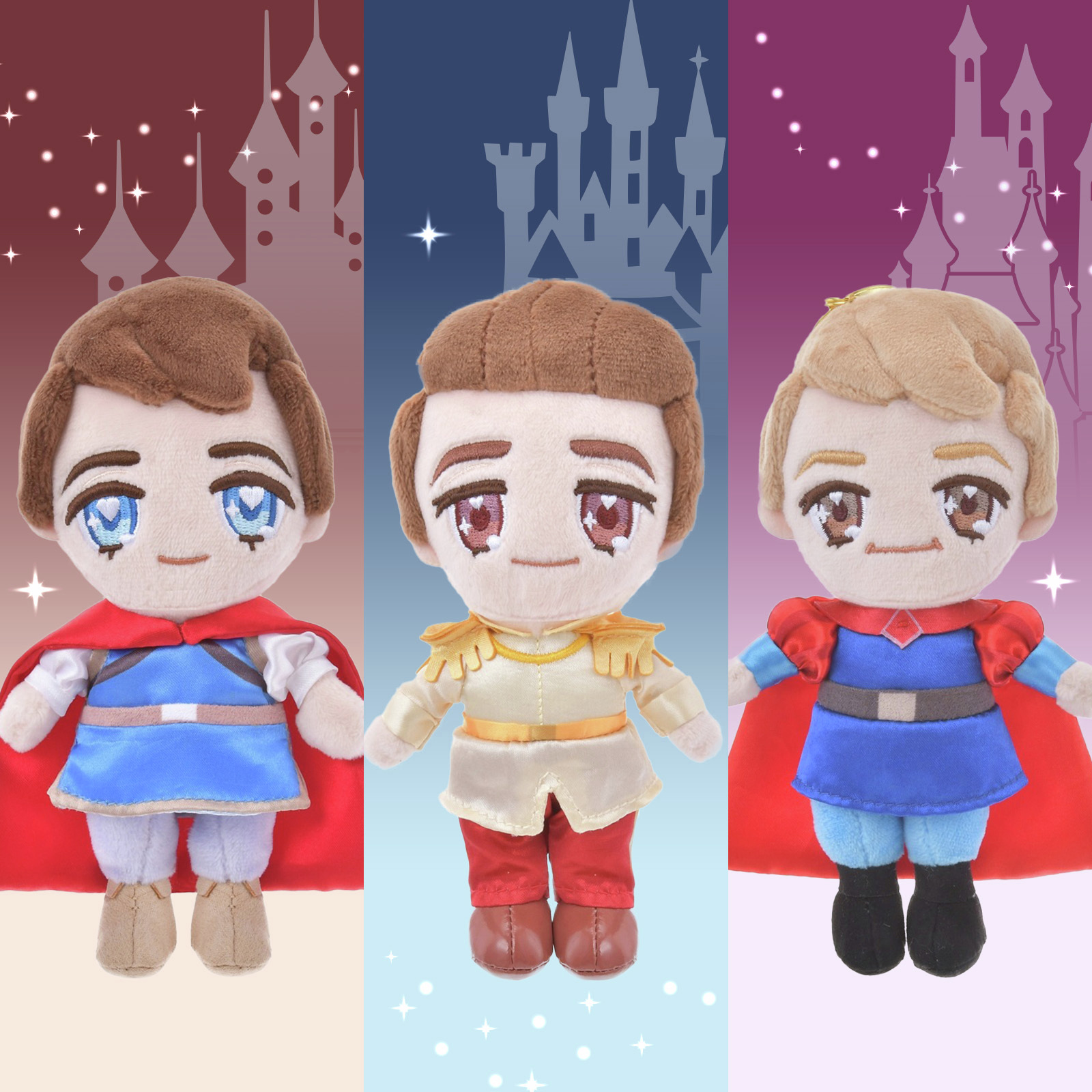 オーロラ　フィリップ王子　tiny ぬいぐるみキーチェーン ディズニー ストア購入品、Tiny PRINCEシリーズに3人の王子のぬいぐるみ