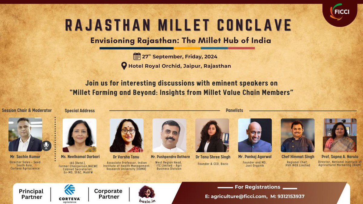 Be a part of the deliberations on ‘Empowering Millet Farmers with Research-Driven Solutions’ during the 2nd Edition of the Rajasthan Millet Conclave 2024 on 27 September at Hotel Royal Orchid, Duragpura, Tonk Road, Jaipur.
  
#RajasthanMilletConclave2024 #MilletRevolution
