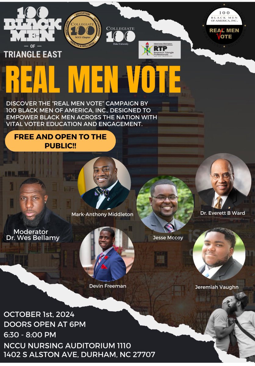 100BMTE's tweet photo. Come out on 10/1/24 for a Real Men Vote Town Hall Panel discussing encouraging men to get out the vote, while tackling misinformation myths that have circulated during the 2024 election cycle.

Doors open at 6PM
NCCU Nursing Auditorium 

#100BlackMen #Election2024 #NC #Durham https://t.co/FHYvJGO6OQ
