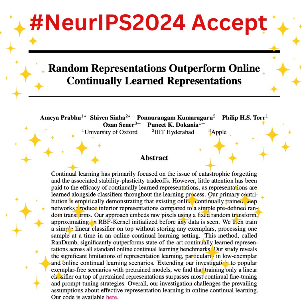 🎉 Our work "Random Representations Outperform Online Continually Learned Representations" accepted at #NeurIPS2024! W/ <a href="/AmyPrb/">Ameya P.</a> @sinha_shiven @oxfordtvg <a href="/ozansener/">Ozan Sener</a> <a href="/puneetdokania/">Puneet Dokania</a> 

Pre-print📜 precog.iiit.ac.in/pubs/NeurIPS-R… 
Code 🧑‍💻️ github.com/drimpossible/R…

#ProfGiri 

Findings 🧵 👇